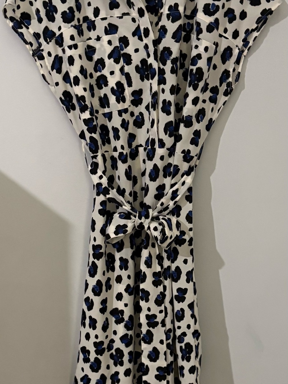 Bar III Cream Midi Dress with Blue and Black Leopard Spots and Tie Waist